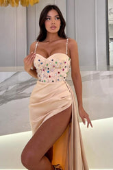 Floor-Length Champagne Sweetheart Stain Beadings Spaghetti Straps Prom Evening Dresses with Split